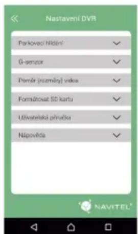 Nastavení DVR Parkovaci Nildání G-senzor Poměr (rozměný) výdea Formátovat SD kartu Užvateřská přínůčka Nápověda