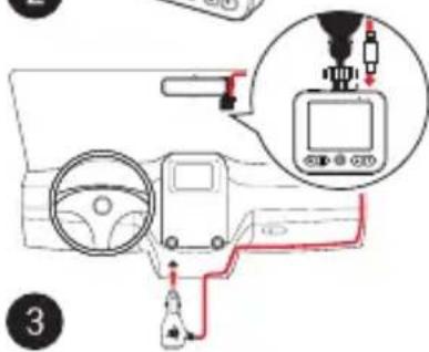 Diagram showing car dashboard connected to a device with labeled ports and wiring, including a magnified inset of the device's internal components.