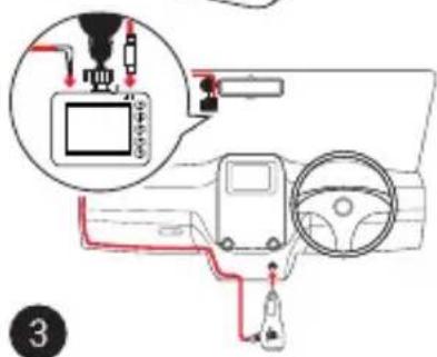 Diagram showing car interior wiring connections with labeled components and a magnified inset of the device's cable.