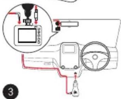 Diagram showing car interior wiring connections with labeled components and a magnified inset of the device's cable.