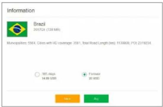 Information Brazil 2017Q1 (728 MB) Municipalities: 5564, Cities with HD coverage: 3581, Total Road Length (km): 1136K08, POI: 2319204. ○ 185 days 14.99 USD ● Forward 20 USD Buy