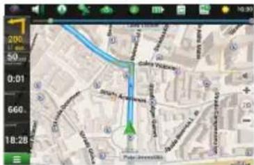 Screenshot of a map interface showing a blue route with a green arrow and location markers, alongside a digital navigation bar.