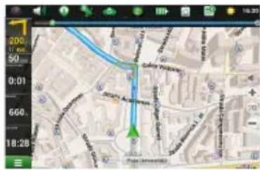 Screenshot of a map interface showing a blue route with a green arrow indicating direction, alongside a digital display panel.