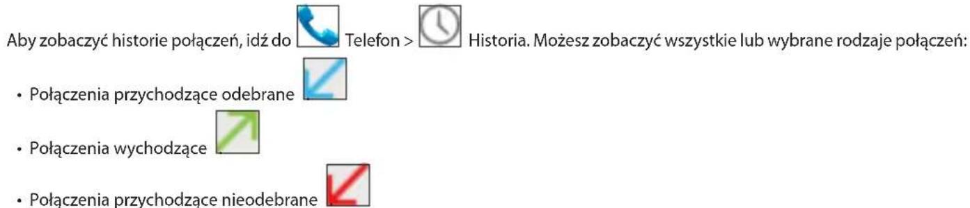 Aby zobaczyć historie połączeń, idź do Telefon > Historia. Możesz zobaczyć wszystkie lub wybrane rodzaje połączeń: • Połączenia przychodzące odebrane • Połączenia wychodzące • Połączenia przychodzące nieodebrane