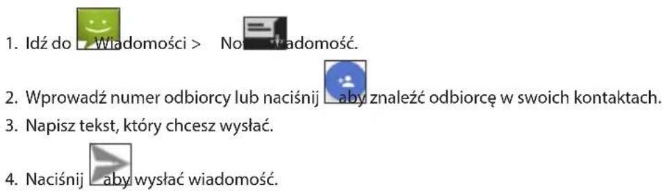 1. Idź do Wiadomości > No wiadomość. 2. Wprowadź numer odbiorcy lub naciśnij aby znaleźć odbiorcę w swoich kontaktach. 3. Napisz tekst, który chcesz wysłać. 4. Naciśnij aby wysłać wiadomość.