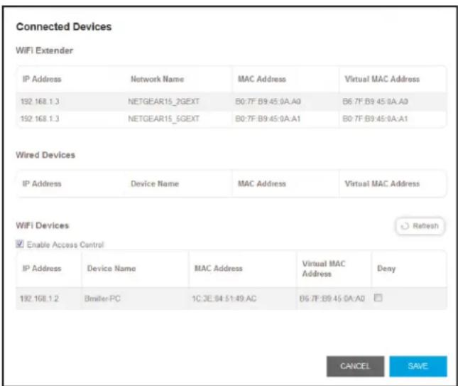 Connected Devices WiFi Extender IP Address Network Name MAC Address Virtual MAC Address 192.168.1.3 NETGEAR15_2GEXT B0:7F:B9:45:0A:A0 B6 7F:B9 45:0A:A0 192.168.1.3 NETGEAR15_5GEXT B0:7F:B9:45:0A:A1 B0 7F:B9:45:0A:A1 Wired Devices IP Address Device Name MAC Address Virtual MAC Address WiFi Devices Refresh Enable Access Control IP Address Device Name MAC Address Virtual MAC Address Deny 192.168.1.2 Bmiller-PC 1C:3E:84:51:49:AC B6 7F:B9 45:0A:A0 CANCEL SAVE