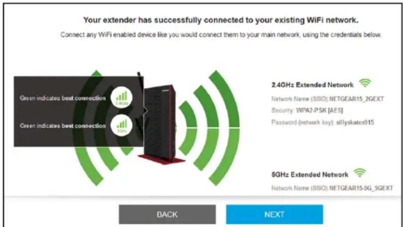 Your extender has successfully connected to your existing WiFi network. Connect any WiFi enabled device like you would connect them to your main network, using the credentials below. Green indicates best connection 2.4GHz Green indicates best connection 2.4GHz Extended Network Network Name (SSID: NETGEAR15_2GEXT) Security: WPA2-PSK [AES] Password (network key): sillyskates915 5GHz Extended Network Network Name (SSID: NETGEAR15-5G_5GEXT) BACK NEXT