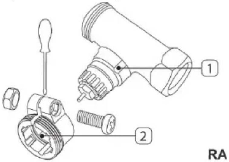 Technical diagram of a mechanical assembly with labeled parts, including a tool and two numbered components.