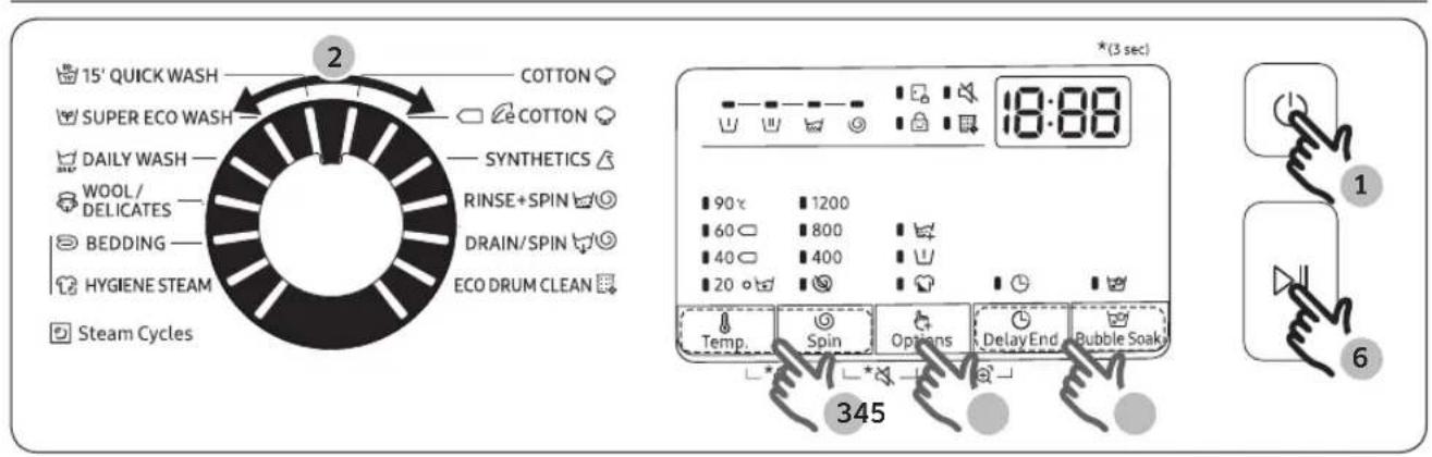 15' QUICK WASH COTTON SUPER ECO WASH COTTON DAILY WASH SYNTHETICS WOOL/ DELICATES RINSE+SPIN BEDDING DRAIN/SPIN HYGIENE STEAM ECO DRUM CLEAN Steam Cycles (3 sec) 18:00 90℃ 1200 60 800 40 400 20 ° Temp Spin Options Delay End Bubble Soak 345 1 6