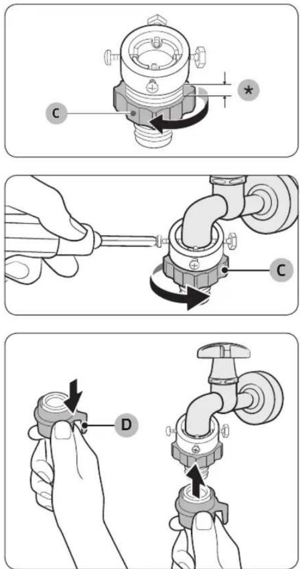 Diagram illustrating three-step installation of a water tap wrench, labeled C and D with directional arrows indicating process flow.
