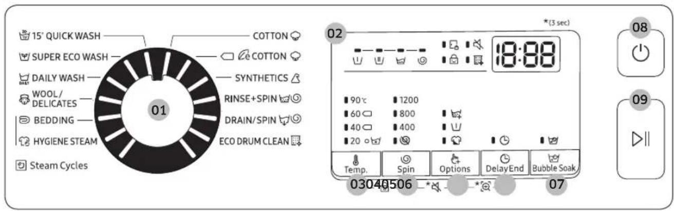15' QUICKWASH COTTON SUPER ECO WASH — e COTTON DAILY WASH — SYNTHETICS WOOL/ DELICATES — RINSE+SPIN BEDDING — DRAIN/SPIN HYGIENE STEAM ECO DRUM CLEAN Steam Cycles 01 02 *(3 sec) 18:88 90°C 1200 60 800 40 400 20 ° Temp. Spin Options DelayEnd Bubble Soak 03040506 -* 07 08 09 ▶