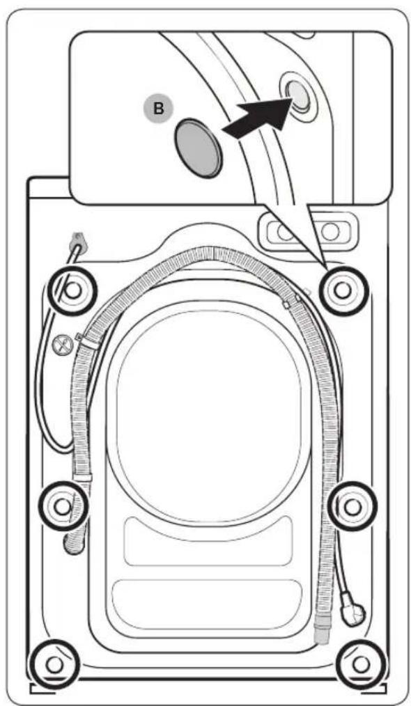Technical diagram of a device rear panel with labeled components and an arrow pointing to a component labeled 'B'