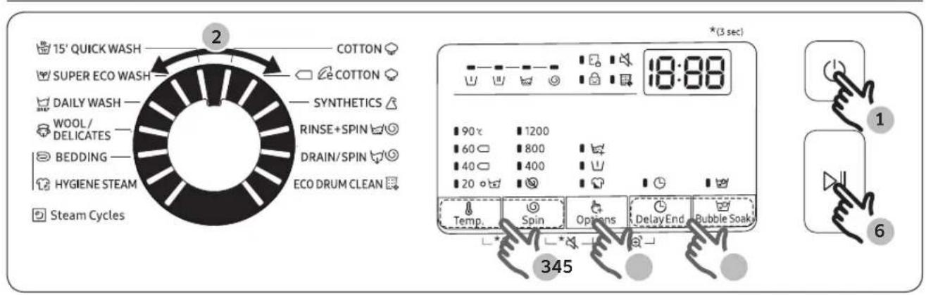 15' QUICK WASH COTTON SUPER ECO WASH COTTON DAILY WASH SYNTHETICS WOOL/ DELICATES RINSE+SPIN BEDDING DRAIN/SPIN HYGIENE STEAM ECO DRUM CLEAN Steam Cycles (3 sec) 18:00 90℃ 1200 60 800 40 400 20 ° Temp Spin Options Delay End Bubble Soak 345