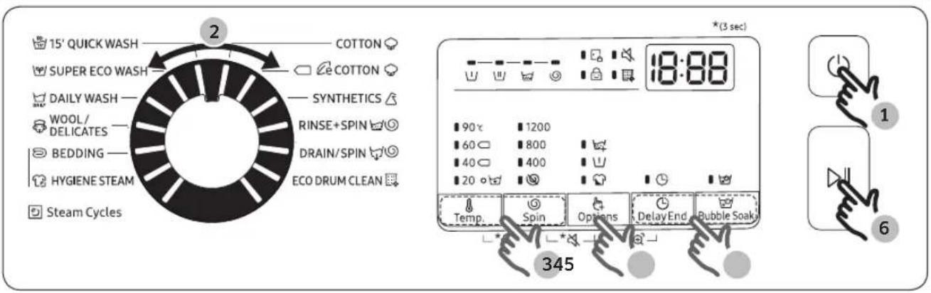 15' QUICK WASH COTTON SUPER ECO WASH COTTON DAILY WASH SYNTHETICS WOOL/ DELICATES RINSE+SPIN BEDDING DRAIN/SPIN HYGIENE STEAM ECO DRUM CLEAN Steam Cycles (3 sec) 18:88 90° 1200 60° 800 40° 400 20° Temp. Spin Options Delay End Bubble Soak 345 1 6