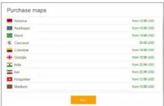 Purchase maps Argentina from 10.99 USD Azerbaijan from 10.99 USD Brazil from 14.99 USD Caucasian 25.00 USD Colombia from 18.99 USD Georgia from 10.99 USD India from 22.99 USD Iran from 22.99 USD Kyrgyzstan from 12.99 USD Maldives from 10.99 USD