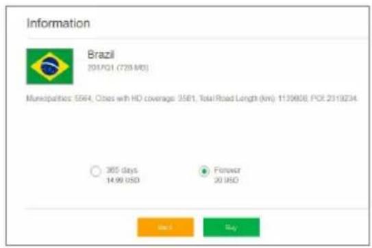 Information Brazil 2017Q1 (729 MΩ) Municipalities: 5564, Cibas with HD coverage: 3581, Total Road Length (km): 1139808, POI: 2319234. ○ 305 days 14.99 USD ● Forward 20 USD Use 1 Buy