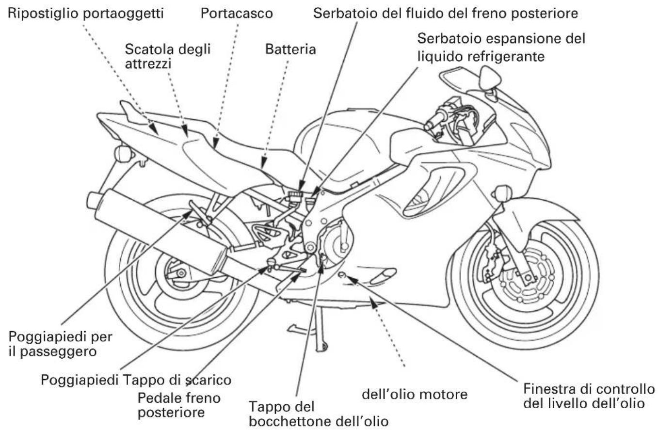 Ripostiglio portaoggetti Scatola degli attrezzi Portacasco Batteria Serbatoio del fluido del freno posteriore Serbatoio espansione del liquido refrigerante Poggiapiedi per il passeggero Poggiapiedi Tappo di scarico Pedale freno posteriore Tappo del bocchettone dell'olio dell'olio motore Finestra di controllo del livello dell'olio