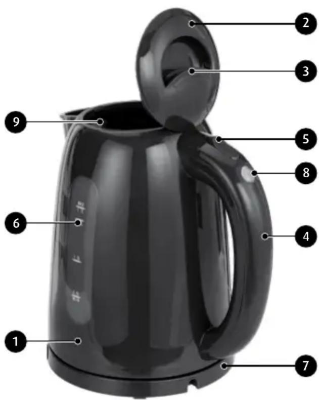 Labeled diagram of a black 3D kettle with numbered parts for identification