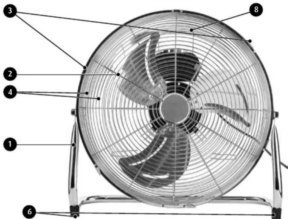 Labeled diagram of a 8-inch desktop fan with numbered parts for identification