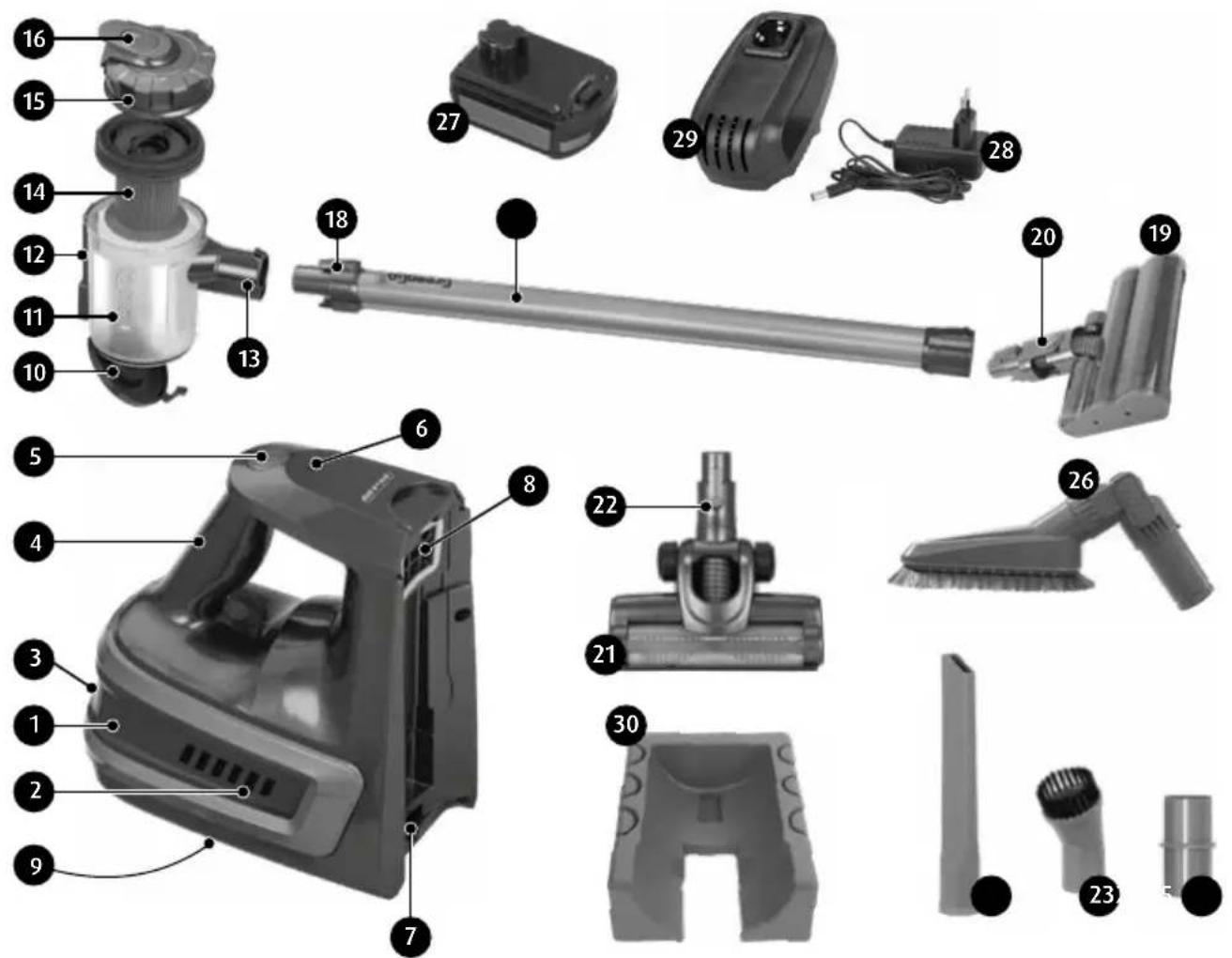 Exploded view diagram of a cleaning spray kit with numbered parts for identification