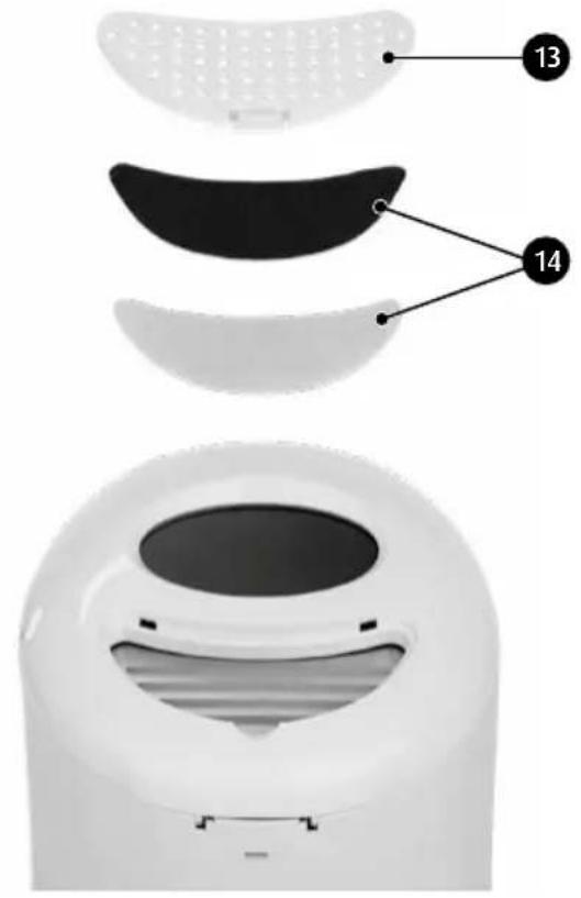 Diagram of a smart air purifier with labeled parts 13 and 14, showing internal structure and exterior view.