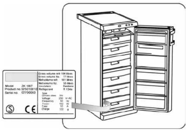 Model 2K 18/7 Product no. 025010010 Serial no. G2700093 Gross volume ref: 184 litres Gross volume Hz: 77 litres Net volume ref: 161 litres Net volume Hz: 55 litres Inclation: 2400000000 Refrigerant R 134s Type Current class 50V Voltage 230 V-AC Frequency 50 Hz Power 150 W Load 10 A Charge 100 g