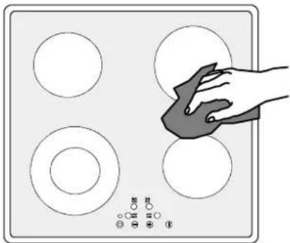 Diagram of a four-wheeled electric stove with a hand using a power tool to clean the top panel, showing circular ventricles and indicator lights.