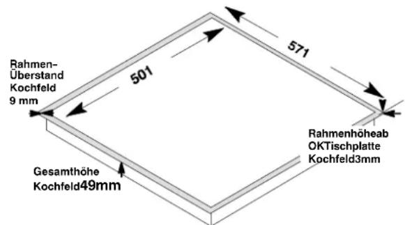 Rahmen- Überstand Kochfeld 9 mm 501 571 Gesamthöhe Kochfeld49mm Rahmenhöheab OKTischplatte Kochfeld3mm
