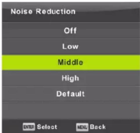 Noise Reduction Off Low Middle High Default ENTER Select MENU Back