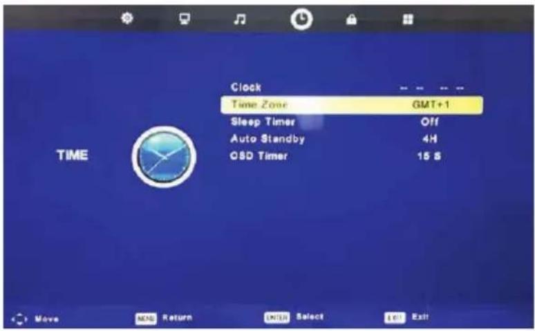Clock Time Zone GMT+1 Sleep Timer Off Auto Standby 4H OSD Timer 15 S TIME Move NCND Return ENTER Select Exit