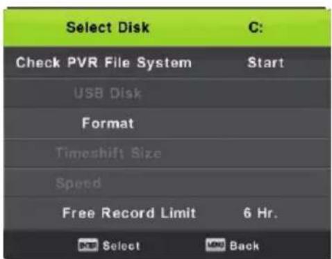 Select Disk C: Check PVR File System Start USB Disk Format Timeshift Size Speed Free Record Limit 6 Hr. OK Select Back
