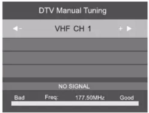 DTV Manual Tuning VHF CH 1 NO SIGNAL Bad Freq: 177.50MHz Good