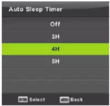 Auto Sleep Timer Off 3H 4H 5H ENTER Select MENU Back