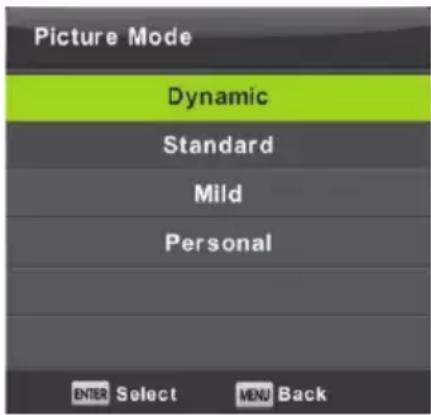 Picture Mode Dynamic Standard Mild Personal ENTER Select MENU Back