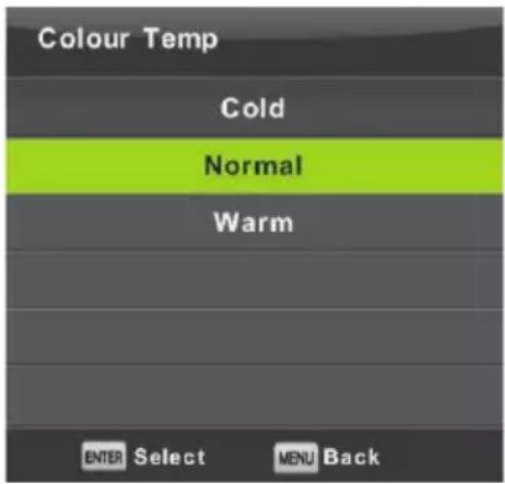 Colour Temp Cold Normal Warm ENTER Select MENU Back