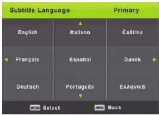Subtitle Language Primary English Italiano Čeština Français Español Dansk Deutsch Português Ελληνικά ENTER Select MENO Back