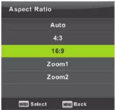 Aspect Ratio Auto 4:3 16:9 Zoom1 Zoom2 ENTER Select MENU Back