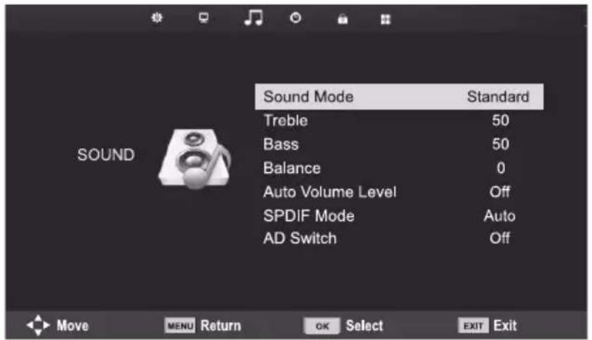 Sound Mode Standard Treble 50 Bass 50 Balance 0 Auto Volume Level Off SPDIF Mode Auto AD Switch Off Move MENU Return OK Select EXIT Exit