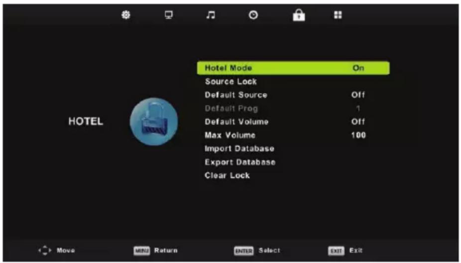 Hotel Mode On Source Lock Default Source Off Default Prog 1 Default Volume Off Max Volume 100 Import Database Export Database Clear Lock
