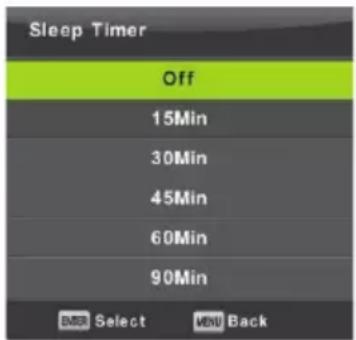 Sleep Timer Off 15Min 30Min 45Min 60Min 90Min OK Select MENU Back