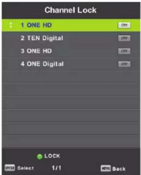 Channel Lock 1 ONE HD 2 TEN Digital 3 ONE HD 4 ONE Digital LOCK ENTER Select 1/1 MENU Back