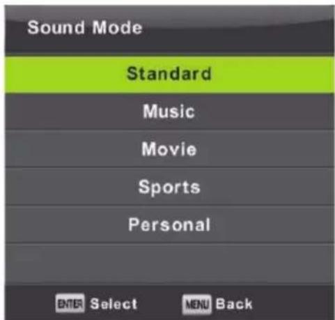 Sound Mode Standard Music Movie Sports Personal ENTER Select MENU Back
