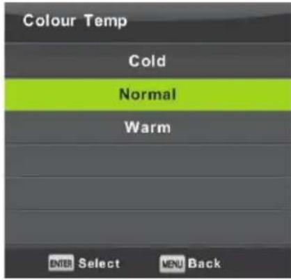 Colour Temp Cold Normal Warm ENTER Select MENU Back