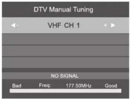 DTV Manual Tuning VHF CH 1 NO SIGNAL Bad Freq: 177.50MHz Good