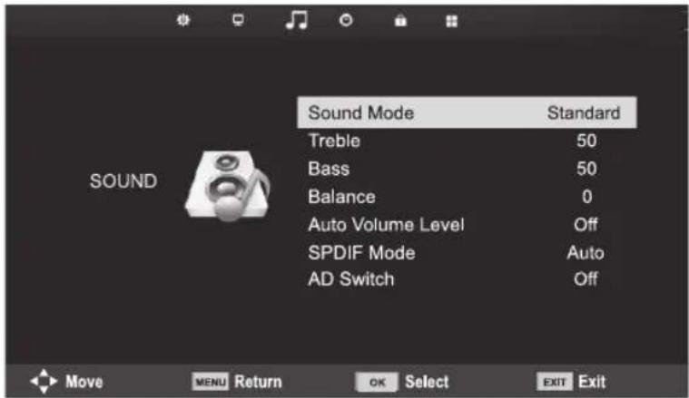 Sound Mode Treble 50 Bass 50 Balance 0 Auto Volume Level Off SPDIF Mode Auto AD Switch Off Move MENU Return OK Select EXIT Exit