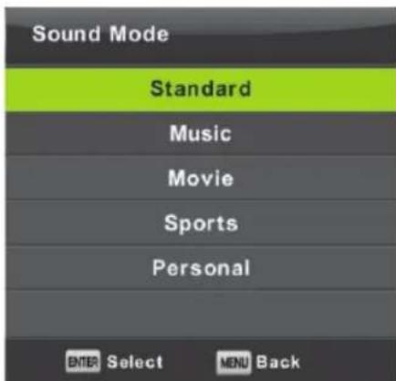 Sound Mode Standard Music Movie Sports Personal ENTER Select MENU Back
