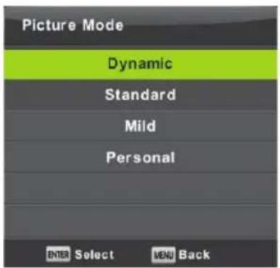 Picture Mode Dynamic Standard Mild Personal ENTER Select MENU Back