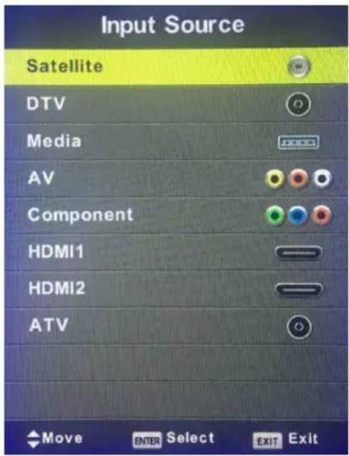 Input Source Satellite DTV Media AV Component HDMI1 HDMI2 ATV Move ENTER Select EXIT Exit