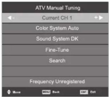 ATV Manual Tuning Current CH 1 Color System Auto Sound System DK Fine-Tune Search Frequency Unregistered Move MENU Back Exit Exit