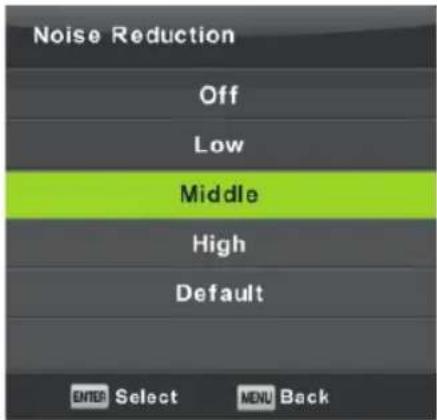 Noise Reduction Off Low Middle High Default ENTER Select MENU Back